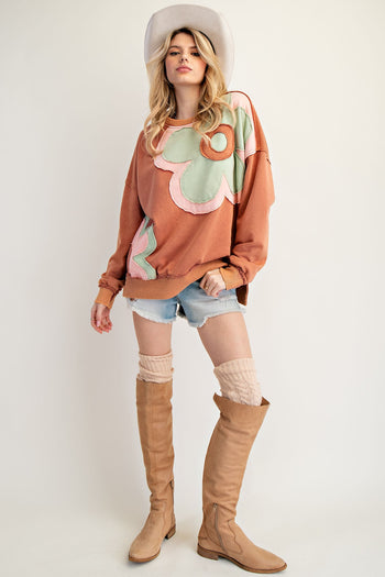 Easel Terry Knit Sweatshirt with Large Flower Patch in Wooden