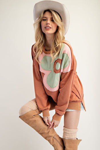 Easel Terry Knit Sweatshirt with Large Flower Patch in Wooden