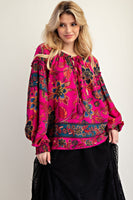 Easel Exclusive Mixed Floral Print Woven Challis Top in Magenta
