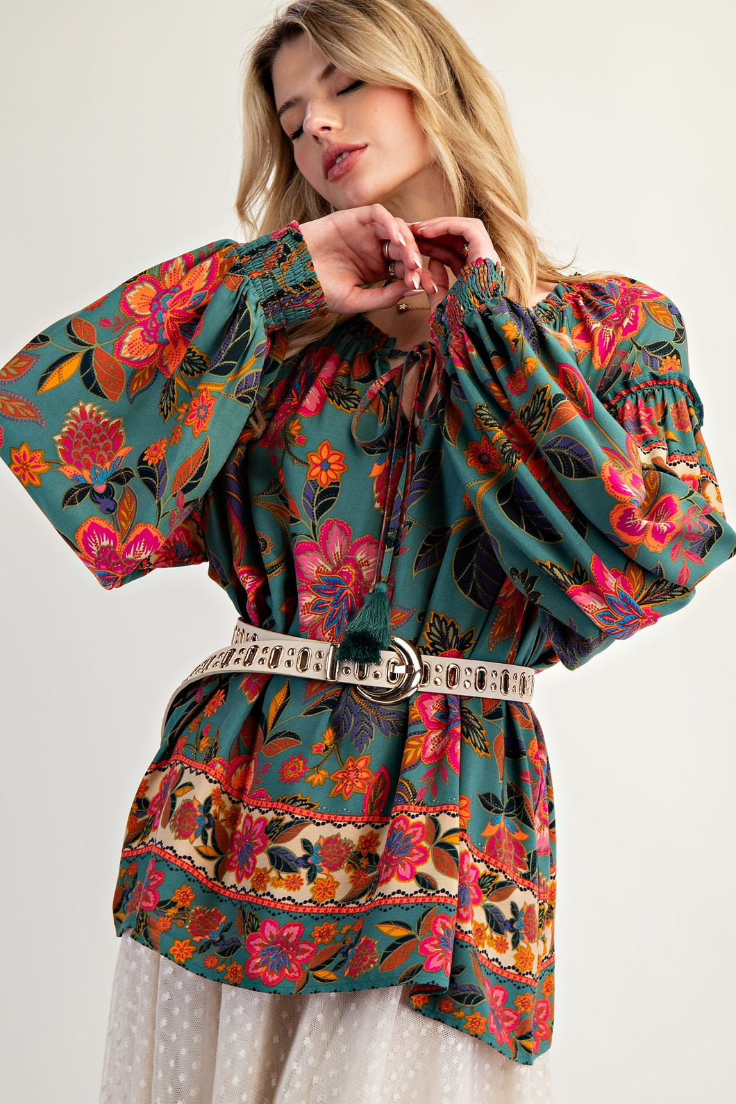 Easel Exclusive Mixed Floral Print Woven Challis Top in Moss