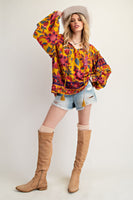 Easel Exclusive Mixed Floral Print Woven Challis Top in Mustard