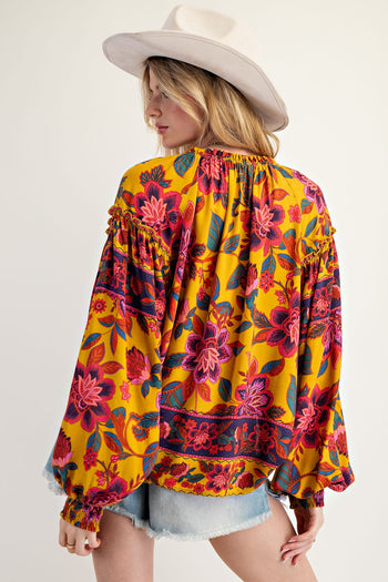 Easel Exclusive Mixed Floral Print Woven Challis Top in Mustard