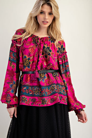 Easel Exclusive Mixed Floral Print Woven Challis Top in Magenta