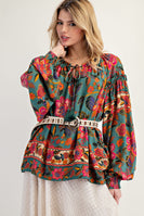 Easel Exclusive Mixed Floral Print Woven Challis Top in Moss