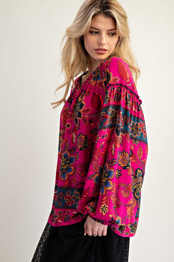 Easel Exclusive Mixed Floral Print Woven Challis Top in Magenta