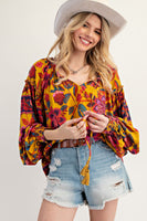 Easel Exclusive Mixed Floral Print Woven Challis Top in Mustard