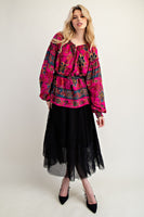 Easel Exclusive Mixed Floral Print Woven Challis Top in Magenta
