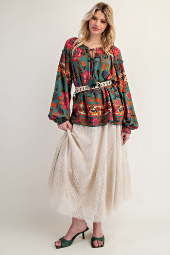 Easel Exclusive Mixed Floral Print Woven Challis Top in Moss