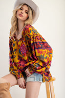 Easel Exclusive Mixed Floral Print Woven Challis Top in Mustard