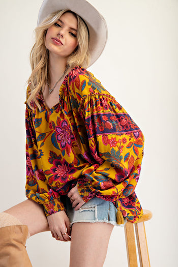 Easel Exclusive Mixed Floral Print Woven Challis Top in Mustard