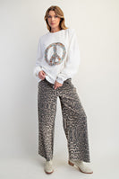 Easel Peace Sign Washed Terry Knit Pullover in Off White