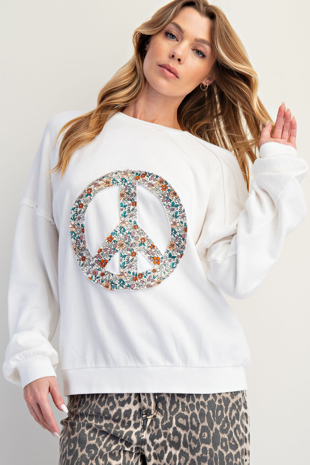 Easel Peace Sign Washed Terry Knit Pullover in Off White – June Adel