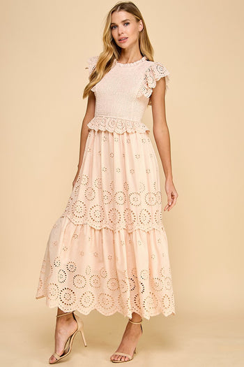 TCEC Eyelet Lace Maxi Dress in Beige