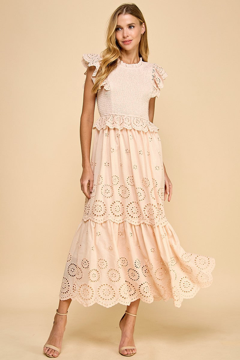TCEC Eyelet Lace Maxi Dress in Beige