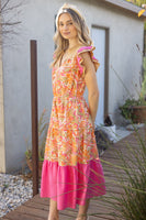 VOY Floral Print and Solid Mix Print Midi Dress in Coral