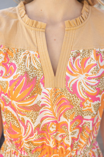 VOY Floral Print and Solid Mix Print Midi Dress in Coral