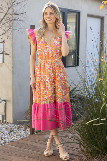 VOY Floral Print and Solid Mix Print Midi Dress in Coral