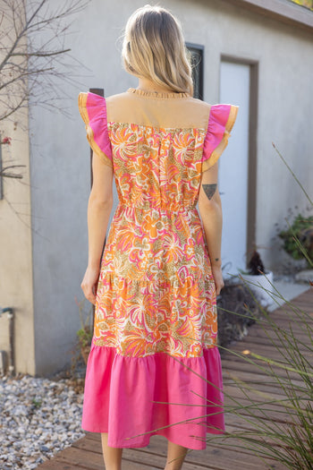 VOY Floral Print and Solid Mix Print Midi Dress in Coral