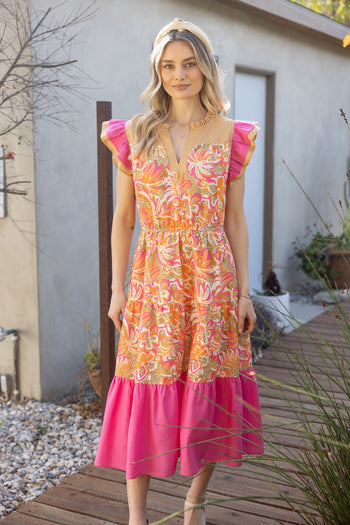 VOY Floral Print and Solid Mix Print Midi Dress in Coral