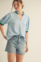 Jodifl Lightweight Solid Color Top with Contrasting Stripe Accents in Sky Blue