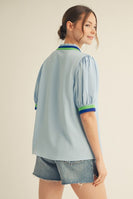Jodifl Lightweight Solid Color Top with Contrasting Stripe Accents in Sky Blue
