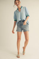 Jodifl Lightweight Solid Color Top with Contrasting Stripe Accents in Sky Blue