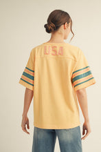 Load image into Gallery viewer, Jodifl Knit Top with Striped Sleeves and USA Patched Back in Honey Mustard
