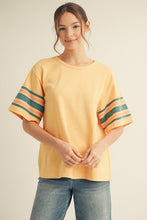 Load image into Gallery viewer, Jodifl Knit Top with Striped Sleeves and USA Patched Back in Honey Mustard
