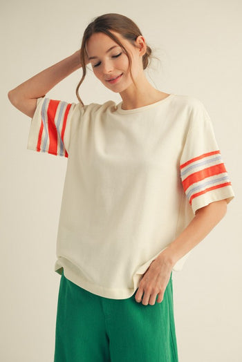 Jodifl Knit Top with Striped Sleeves and USA Patched Back in Off White