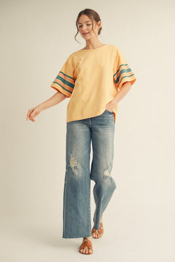 Jodifl Knit Top with Striped Sleeves and USA Patched Back in Honey Mustard