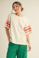 Jodifl Knit Top with Striped Sleeves and USA Patched Back in Off White