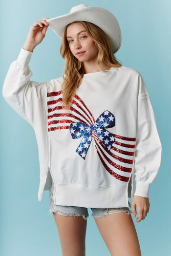 Peach Love American Flag Bow Sequin Sweatshirt in Off White