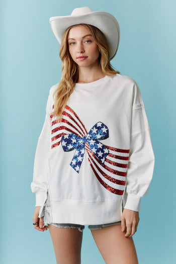 Peach Love American Flag Bow Sequin Sweatshirt in Off White