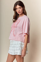 RARERAW Boxy CROP Top with 3D Floral Bow Applique in Pink