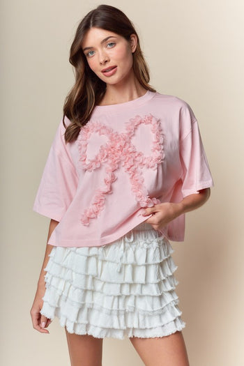 RARERAW Boxy CROP Top with 3D Floral Bow Applique in Pink