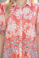 VOY Paisley Print Button Down Dress in Coral