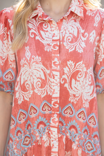 VOY Paisley Print Button Down Dress in Coral