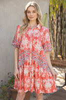 VOY Paisley Print Button Down Dress in Coral