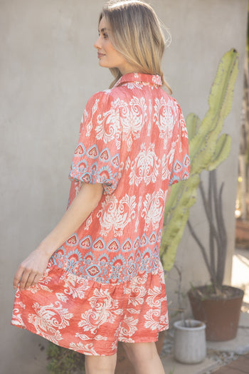 VOY Paisley Print Button Down Dress in Coral