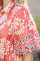 VOY Paisley Print Button Down Dress in Coral