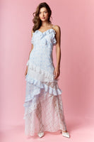RARERAW Coquette Print and Lace Slim Fit Maxi Dress in Blue