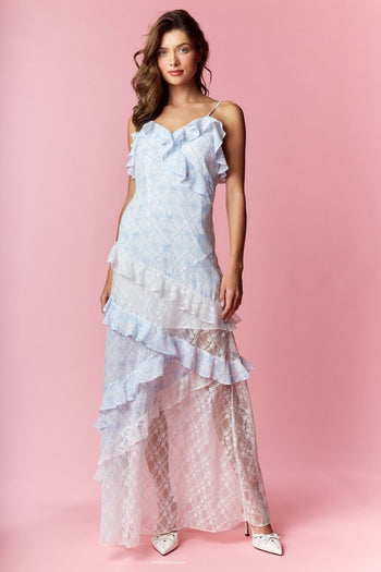 RARERAW Coquette Print and Lace Slim Fit Maxi Dress in Blue