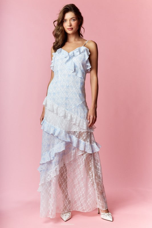 Rareraw Coquette Print and Lace Slim Fit Maxi Dress in Blue M