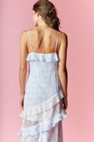 RARERAW Coquette Print and Lace Slim Fit Maxi Dress in Blue