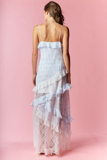 RARERAW Coquette Print and Lace Slim Fit Maxi Dress in Blue