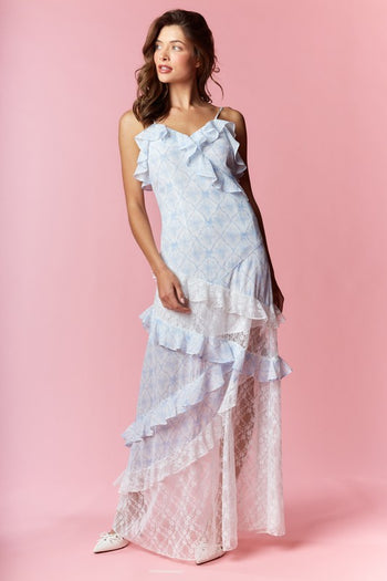 RARERAW Coquette Print and Lace Slim Fit Maxi Dress in Blue