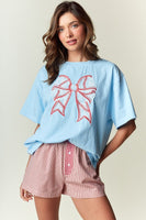 RARERAW OVERSIZED T-Shirt with Lace Baseball Print Bow Applique on Front in Sky Blue