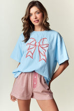 Load image into Gallery viewer, RARERAW OVERSIZED T-Shirt with Lace Baseball Print Bow Applique on Front in Sky Blue
