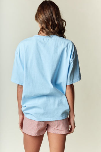 RARERAW OVERSIZED T-Shirt with Lace Baseball Print Bow Applique on Front in Sky Blue