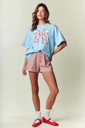 RARERAW OVERSIZED T-Shirt with Lace Baseball Print Bow Applique on Front in Sky Blue